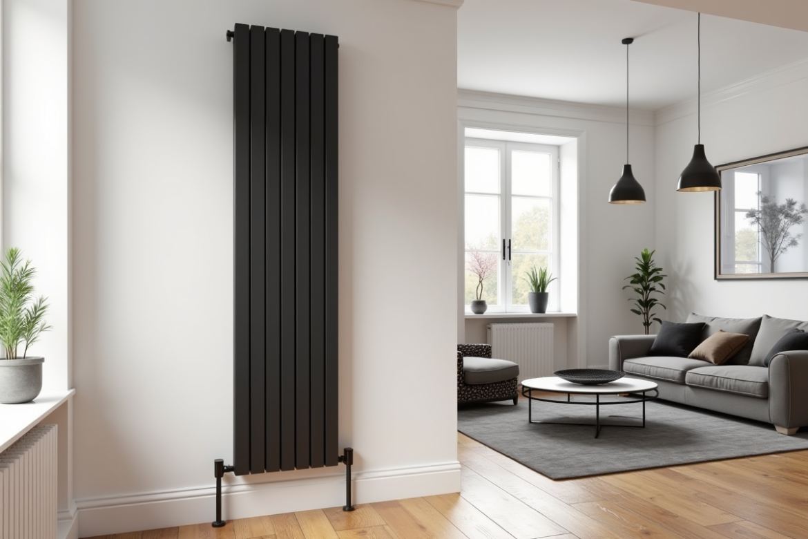 Salon moderne avec radiateur noir mat design élégant