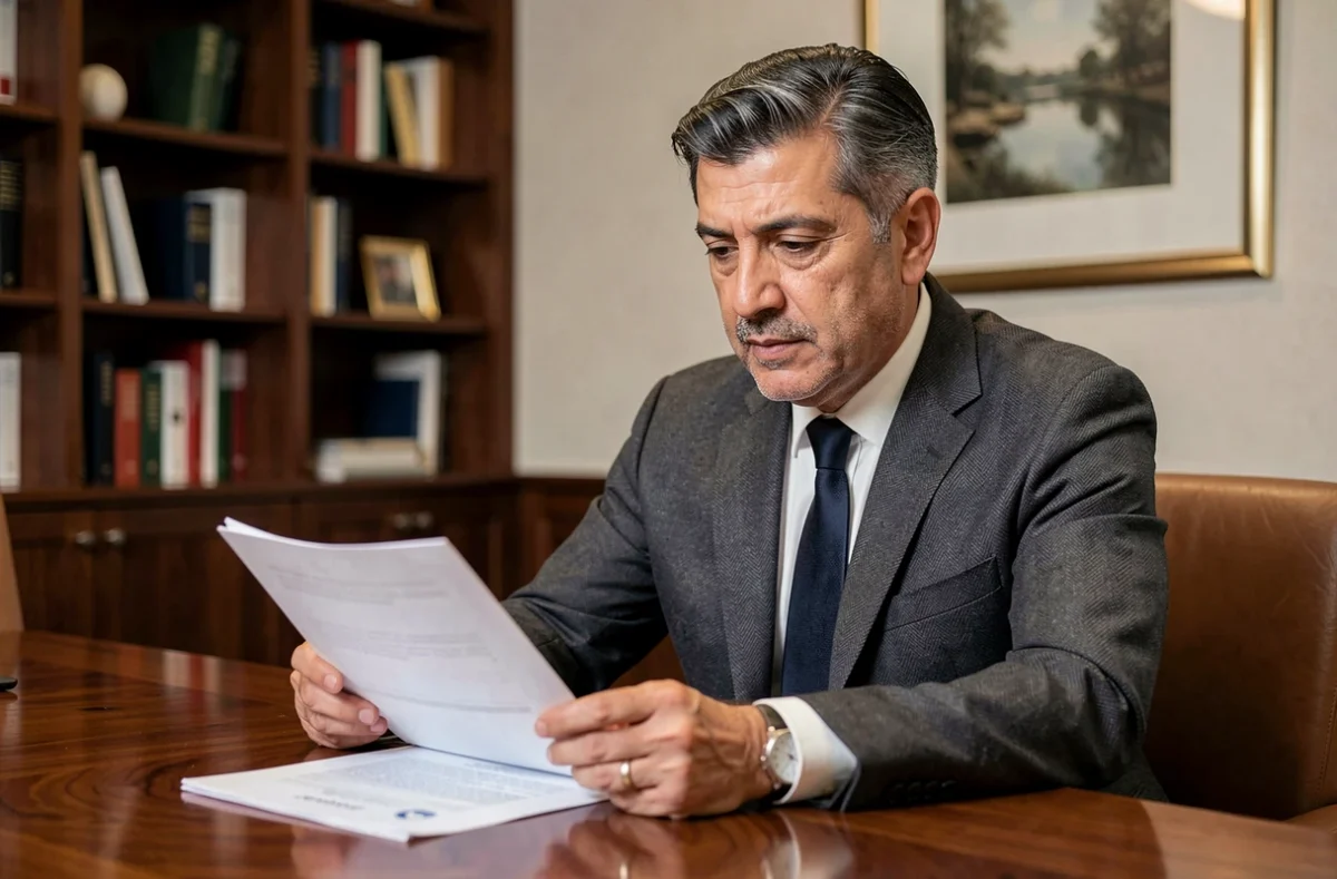 Homme d'affaires d'origine moyen-orientale en costume anthracite consultant des documents dans un bureau professionnel élégant