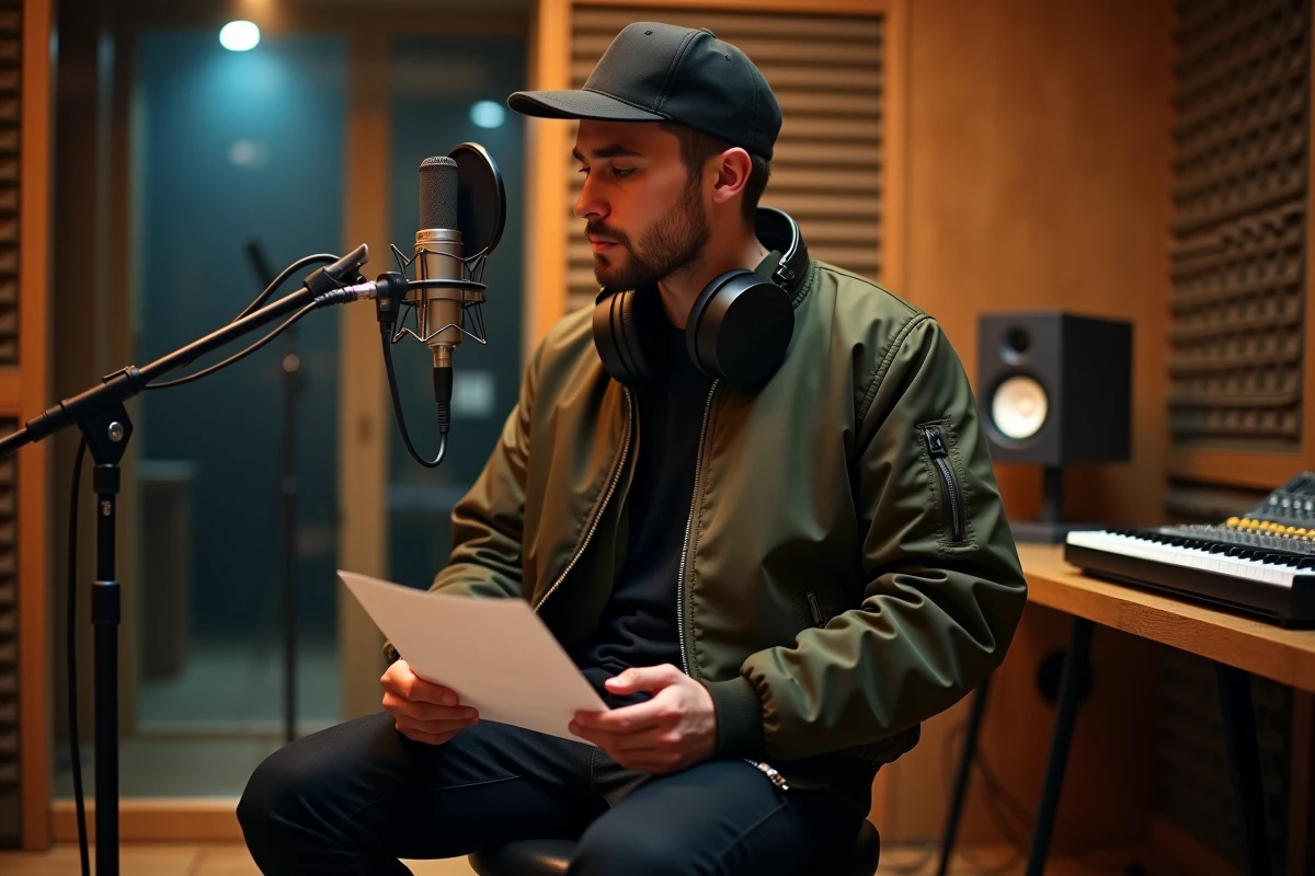 Rappeur marseillais en studio d'enregistrement, session d'écriture et de production musicale hip-hop