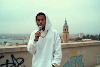Rappeur marseillais sur un toit avec vue sur la ville, microphone en main, ambiance urbaine authentique
