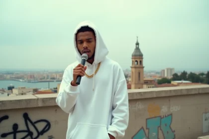 Rappeur marseillais sur un toit avec vue sur la ville, microphone en main, ambiance urbaine authentique