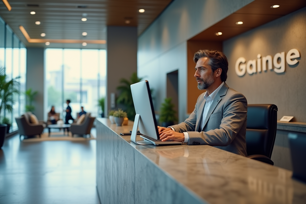 Homme réceptionniste travaillant à un comptoir dans un hall d