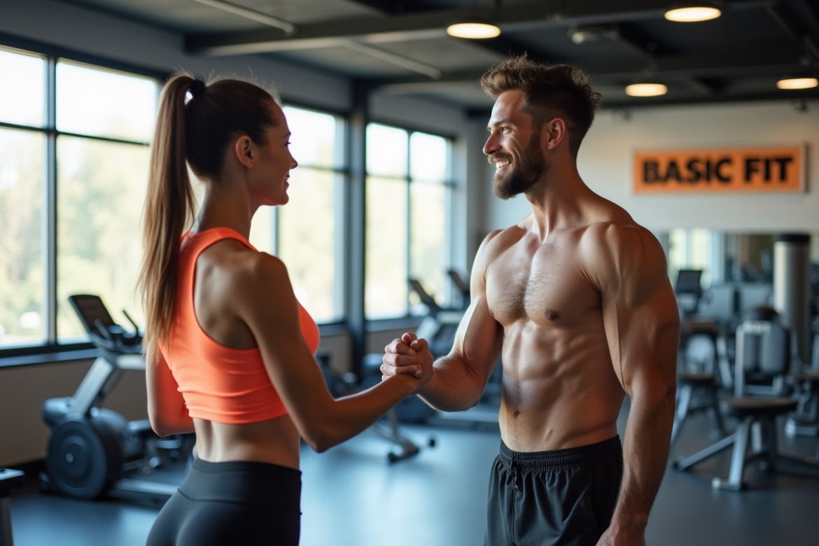 Jeune femme et homme en tenue de sport échangeant une poignée de main dans une salle de sport lumineuse