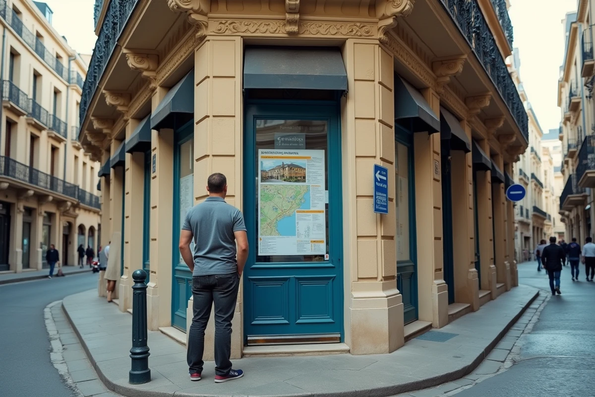 Vue de rue d'un quartier de Marseille avec un homme devant une agence immobilière affichant des annonces locatives et un plan de secteur
