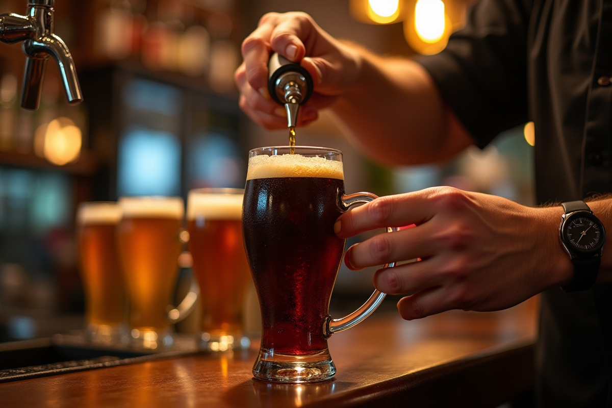 Barman versant une bière foncée dans un verre lourd