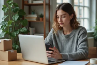 Femme contactant le service client Vinted Go depuis son bureau à domicile avec un ordinateur portable et un smartphone