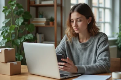 Femme contactant le service client Vinted Go depuis son bureau à domicile avec un ordinateur portable et un smartphone