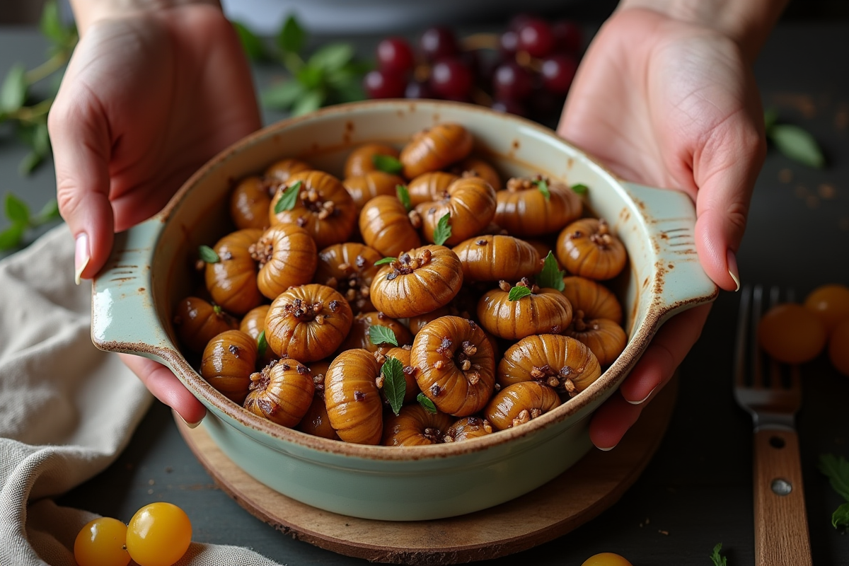 Mains servant des escargots aux raisins dans une assiette vintage
