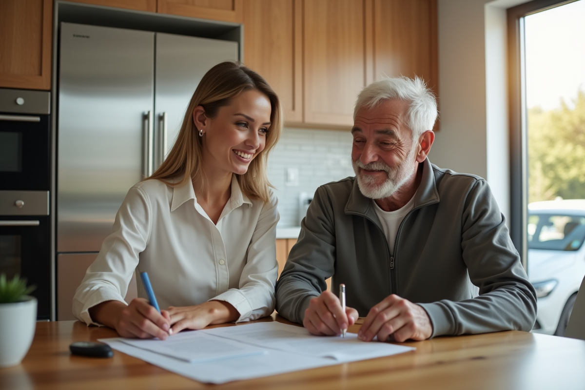 Femme signant un contrat de vente dans une cuisine lumineuse