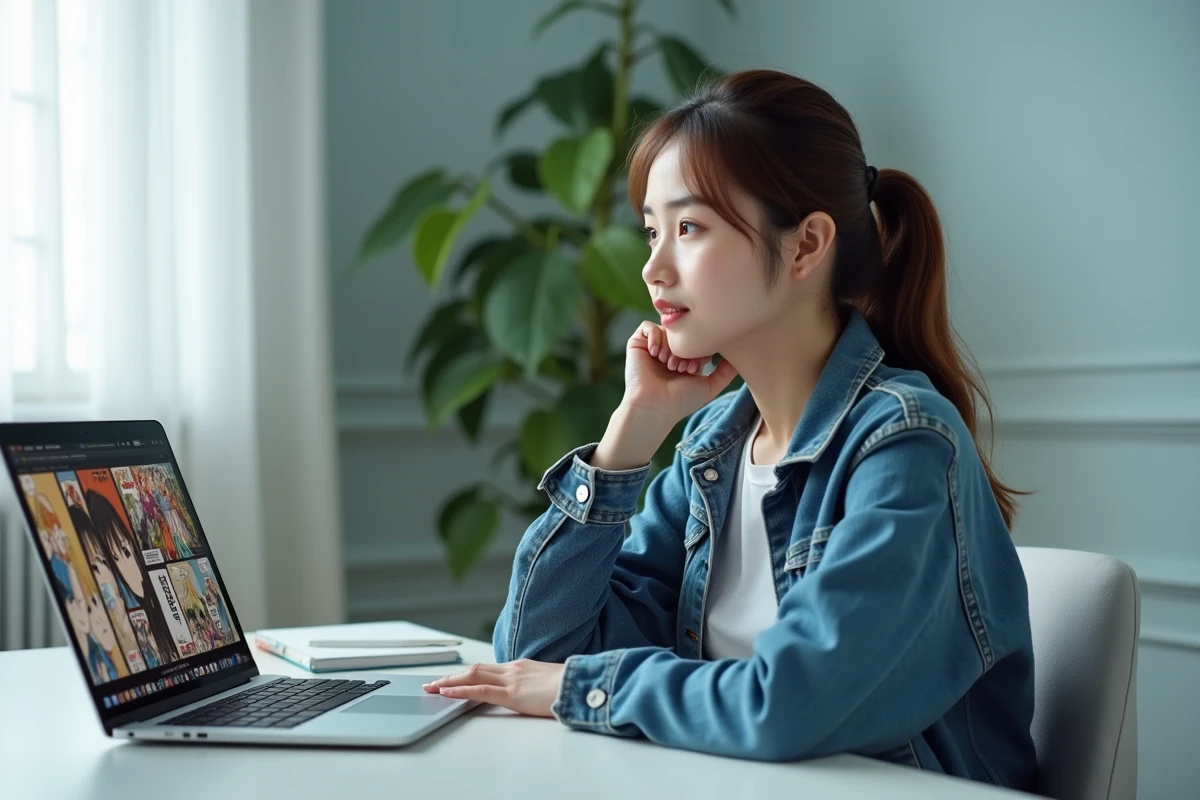 Jeune femme consultant un site de lecture de manga en ligne sur son ordinateur portable au bureau