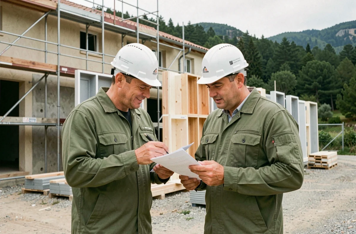 Deux techniciens de SMP Entreprise discutant de plans devant un chantier commercial en Haute-Corse avec échafaudage
