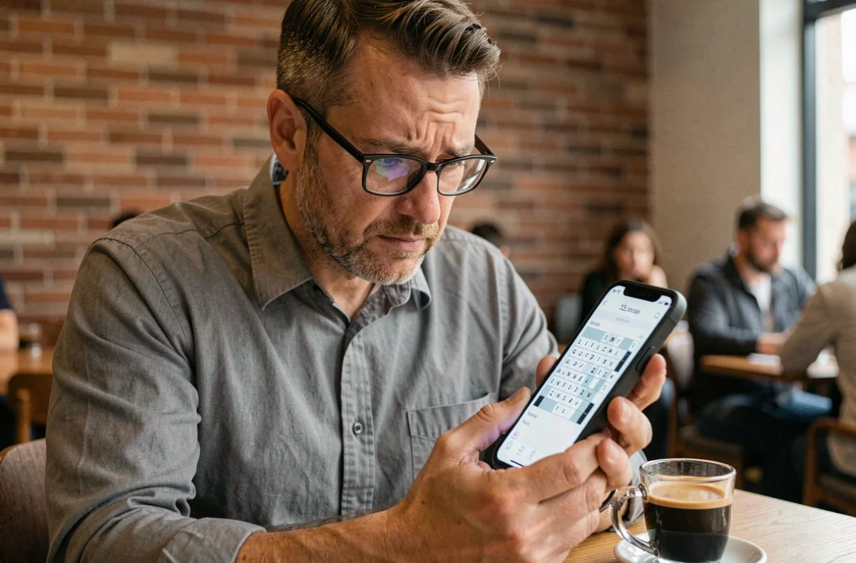 Homme cherchant la solution d'un mot croisé sur son smartphone dans un café