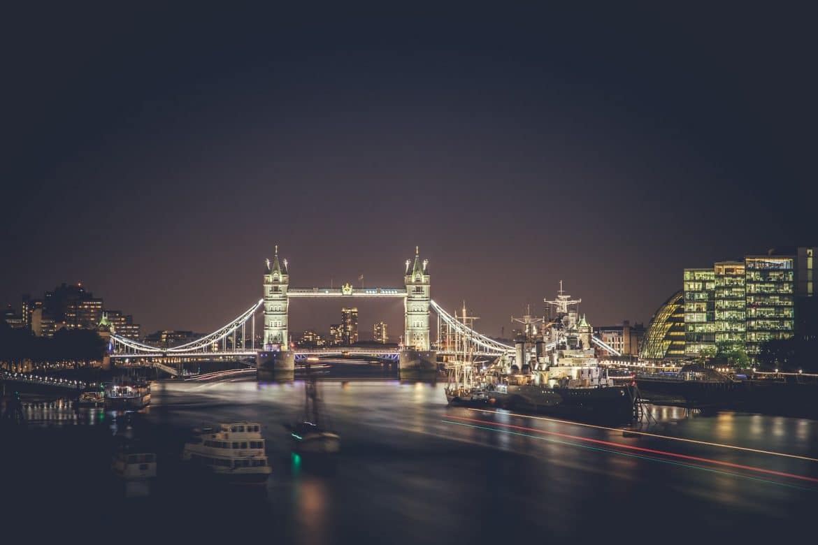 lighted bridge during night time