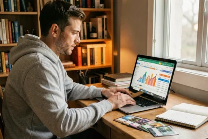 Un homme consulte la cote de ses cartes Magic: The Gathering sur un site de suivi en ligne depuis son bureau à domicile