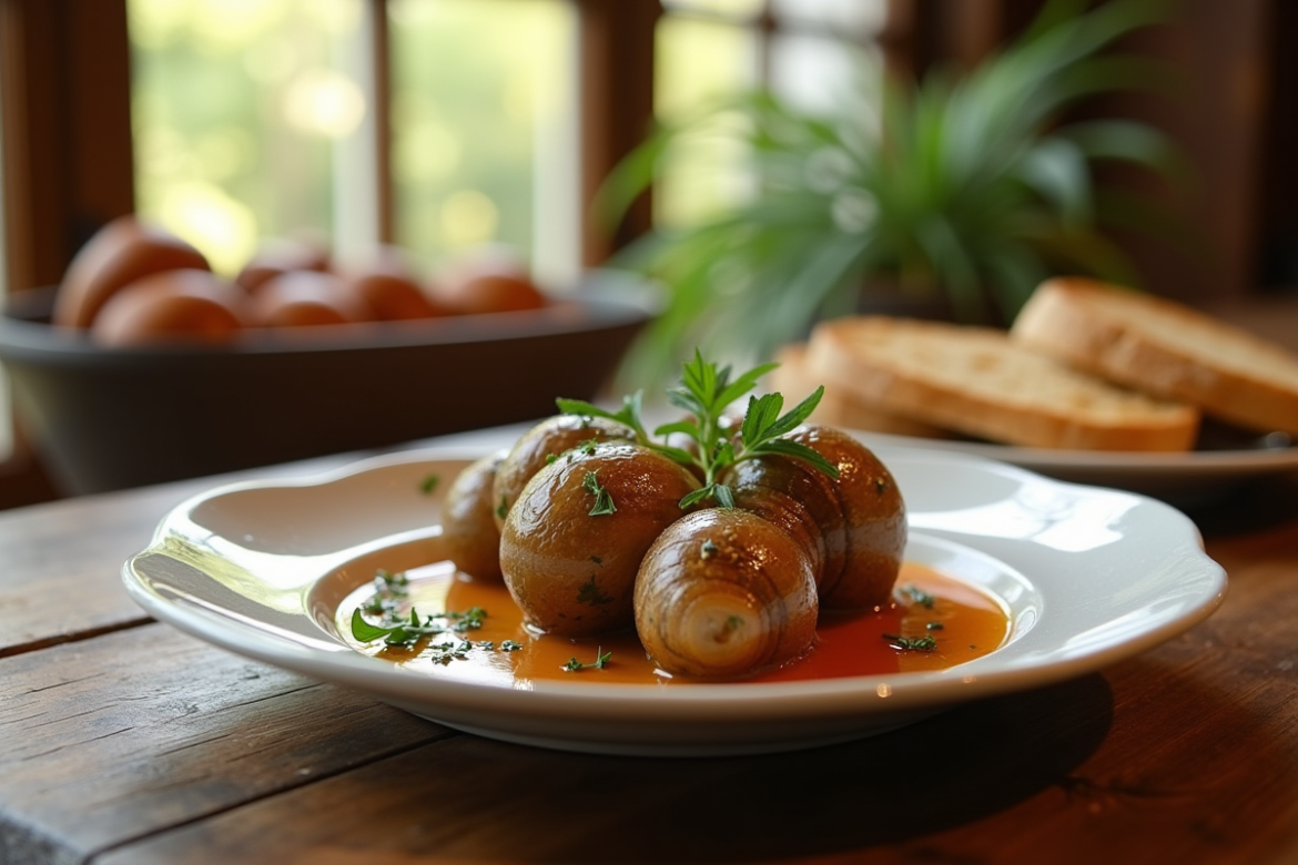 Table rustique avec escargots à la sauce aux raisins