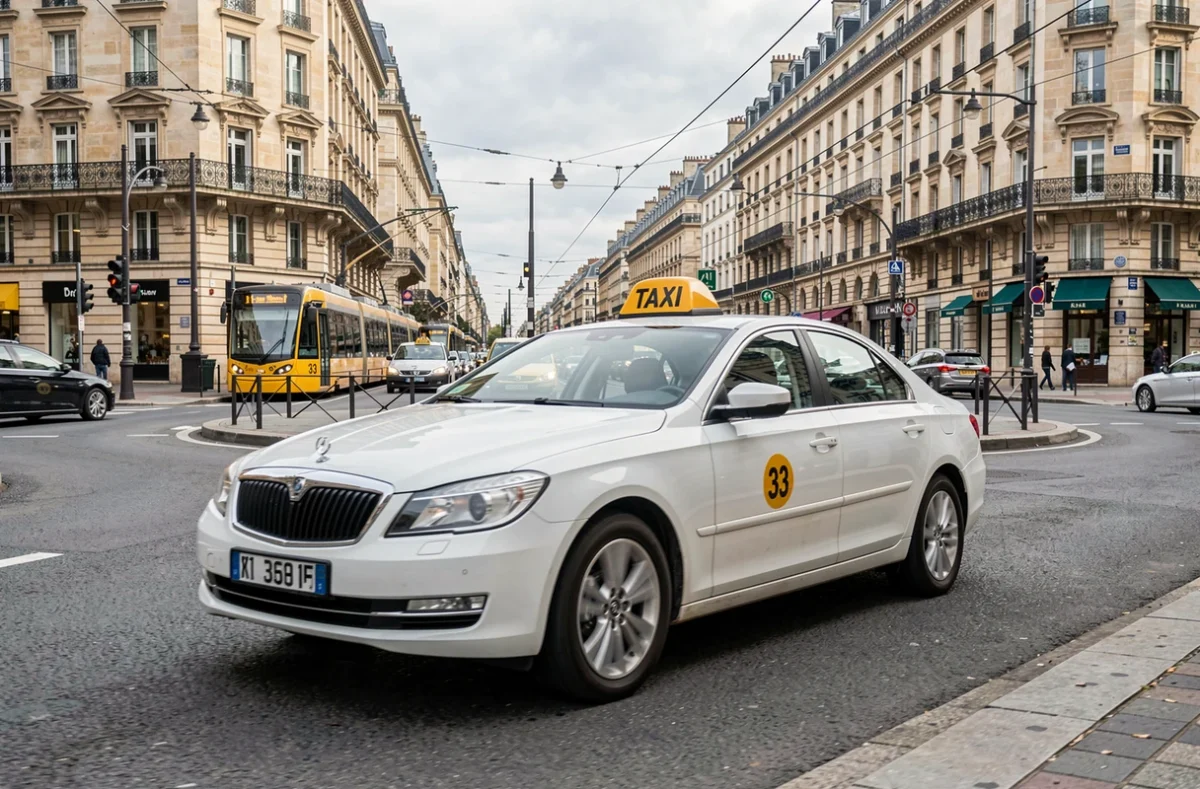 Taxi 33 avec enseigne lumineuse sur le toit traversant un rond-point animé du centre de Bordeaux