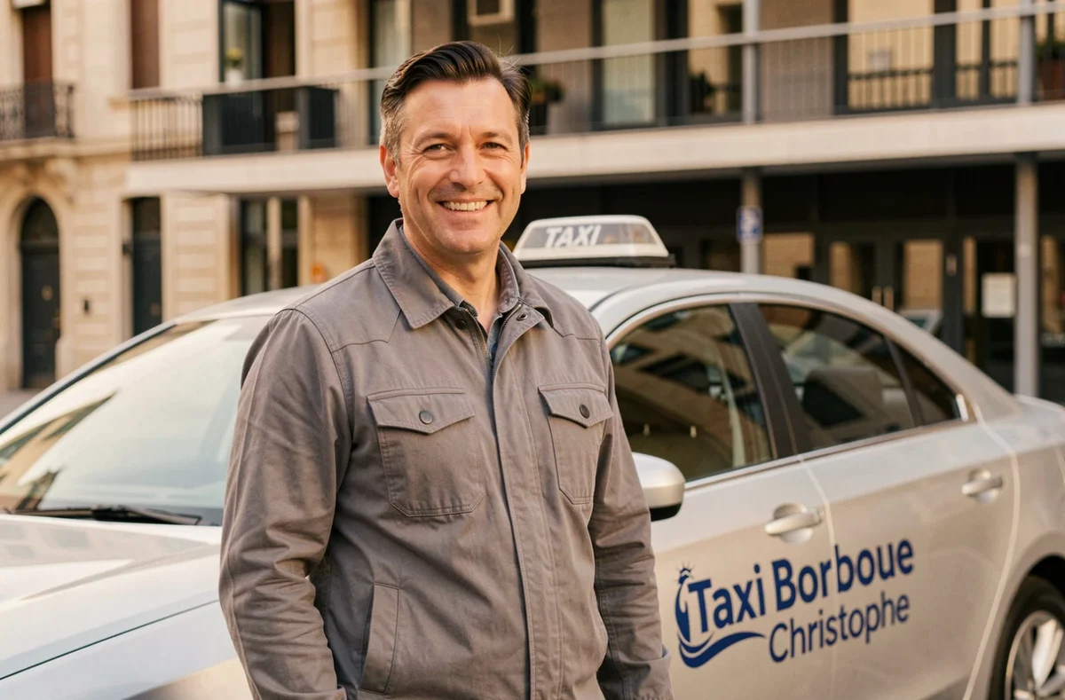 Christophe, chauffeur de Taxi Bordeaux Christophe, souriant devant son véhicule argenté avec la Cité du Vin en arrière-plan