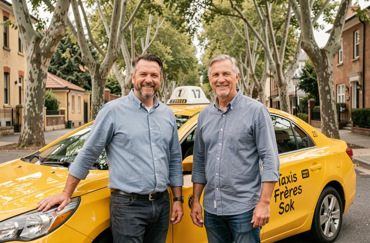 Les deux chauffeurs frères de Taxis Frères Sok debout ensemble devant leur taxi jaune dans une rue arborée de Bordeaux