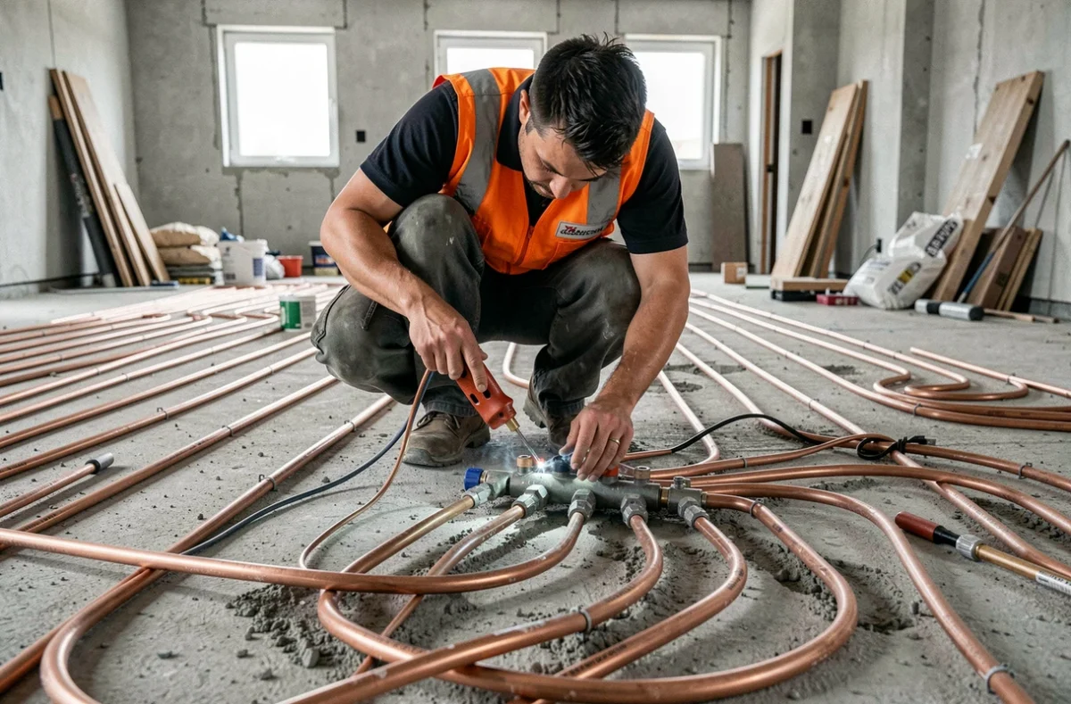 Technicien de Techni Confort Chambly posant un plancher chauffant dans un chantier en construction
