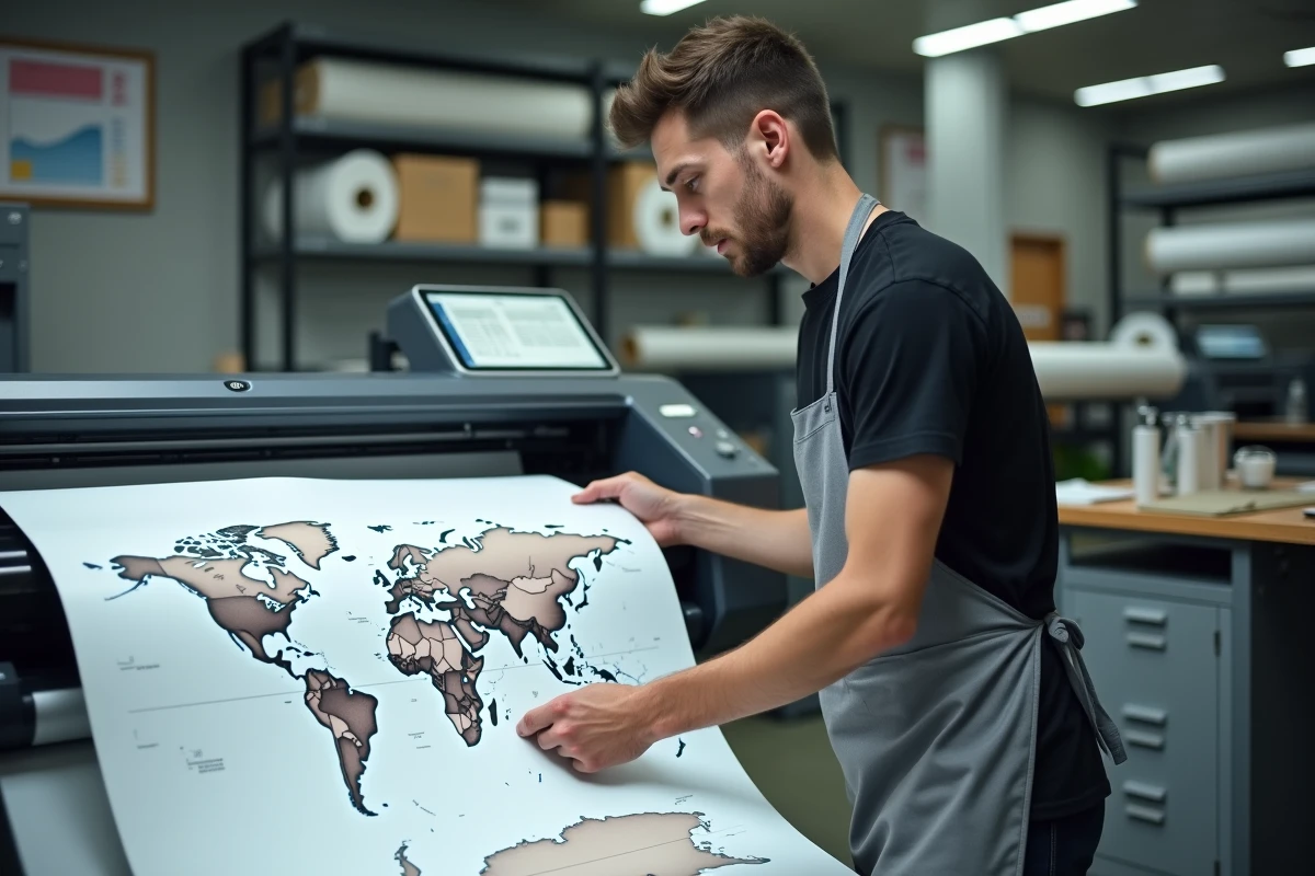 Technicien en imprimerie retirant une carte du monde vierge vectorielle imprimée en grand format d'un traceur professionnel