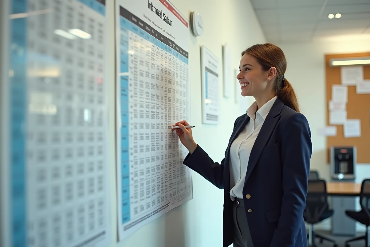 Jeune femme souligne un graphique de salaire dans une salle de pause