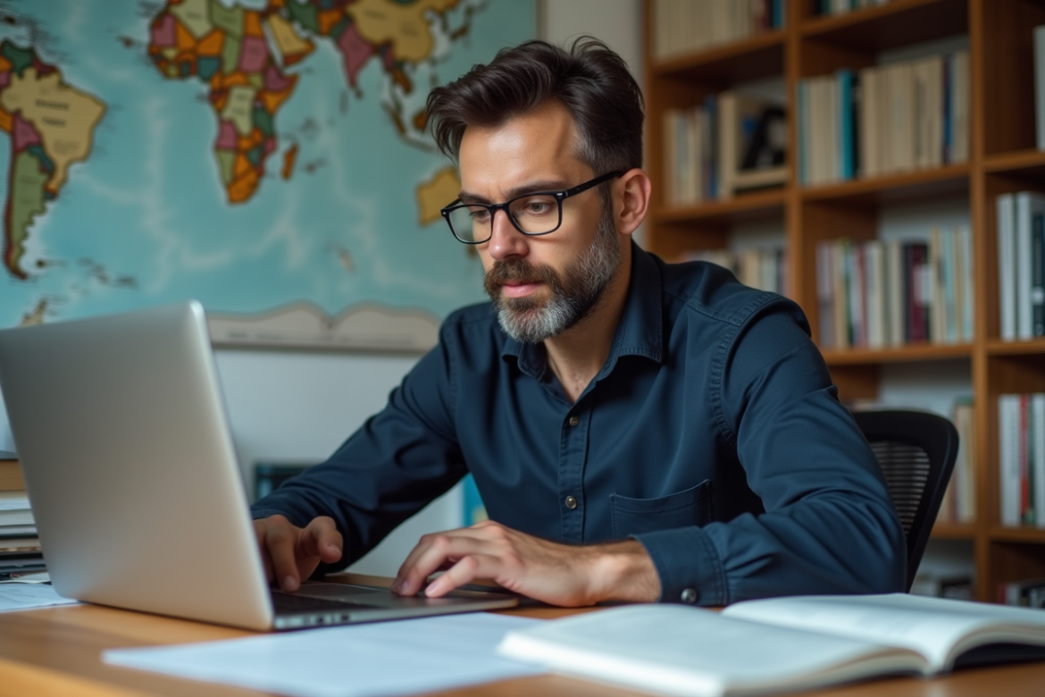 Traducteur homme concentré dans son bureau moderne