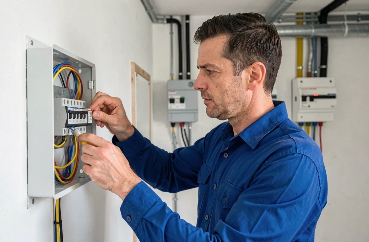 Électricien de Trimelec connectant des câbles dans un tableau de répartition électrique dans une maison en Corse