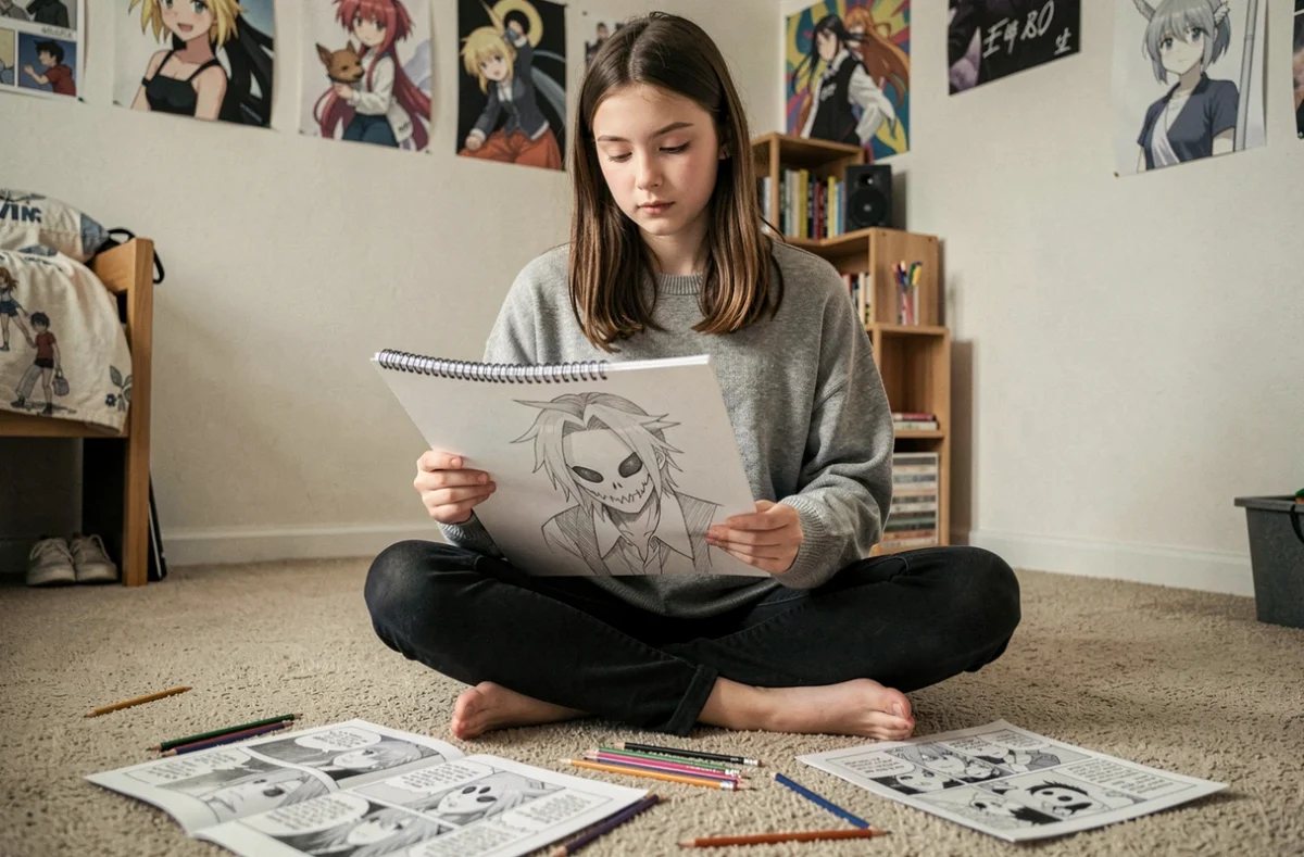 Adolescente assise par terre dessinant Ulquiorra Schiffer de Bleach dans un carnet de croquis entouré de références manga