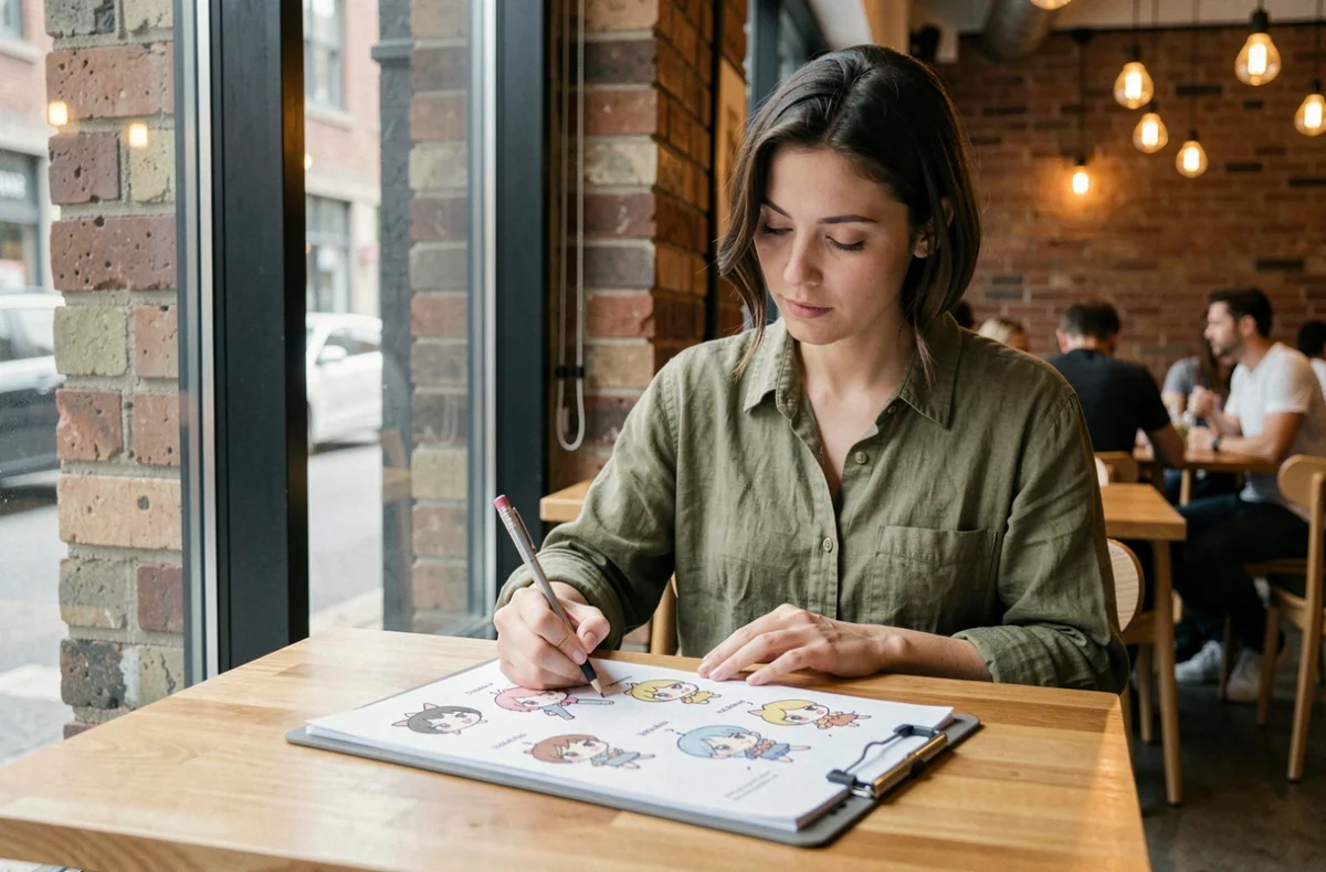 Femme adulte travaillant sur un tutoriel de dessin Mew chibi avec un porte-bloc dans un café moderne à la déco en brique apparente