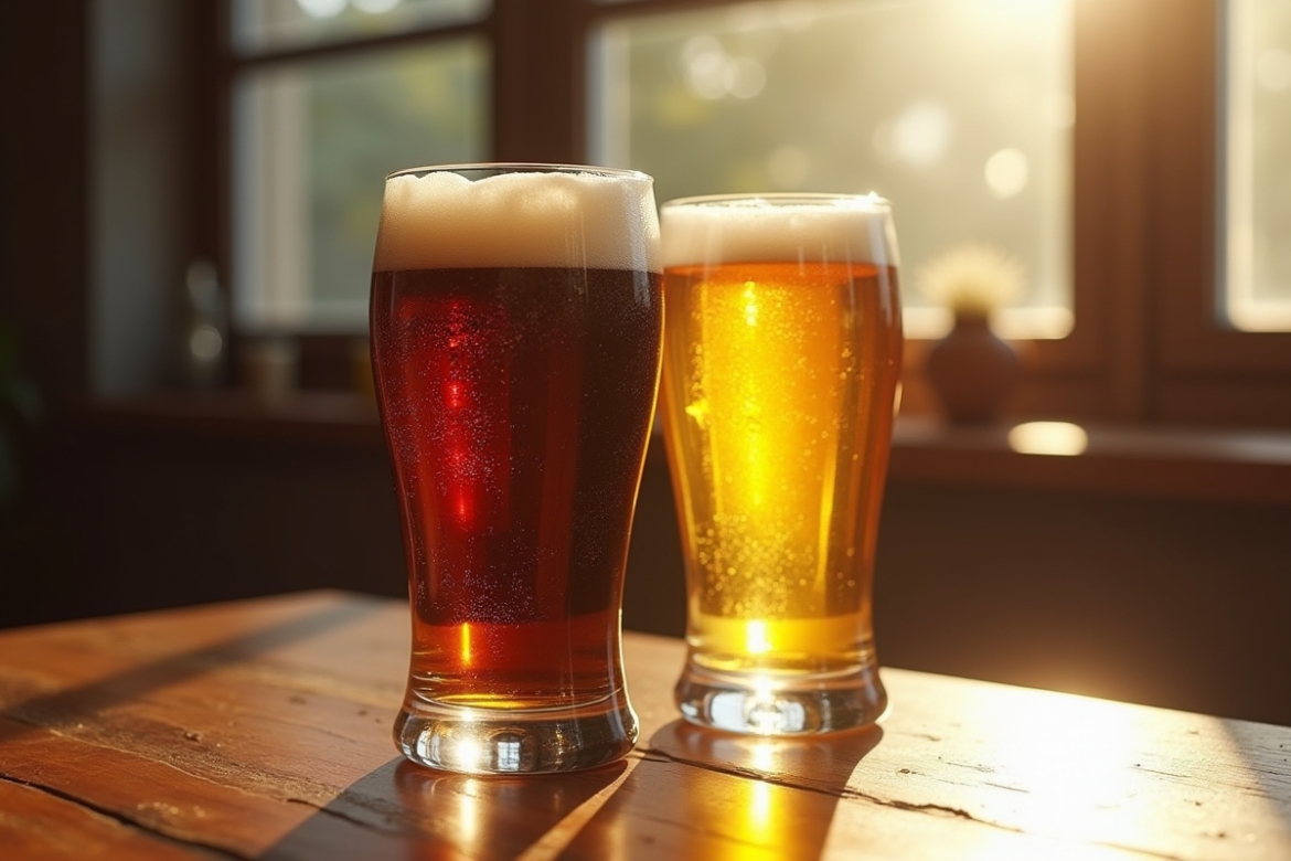 Deux verres de bières contrastantes sur une table en bois
