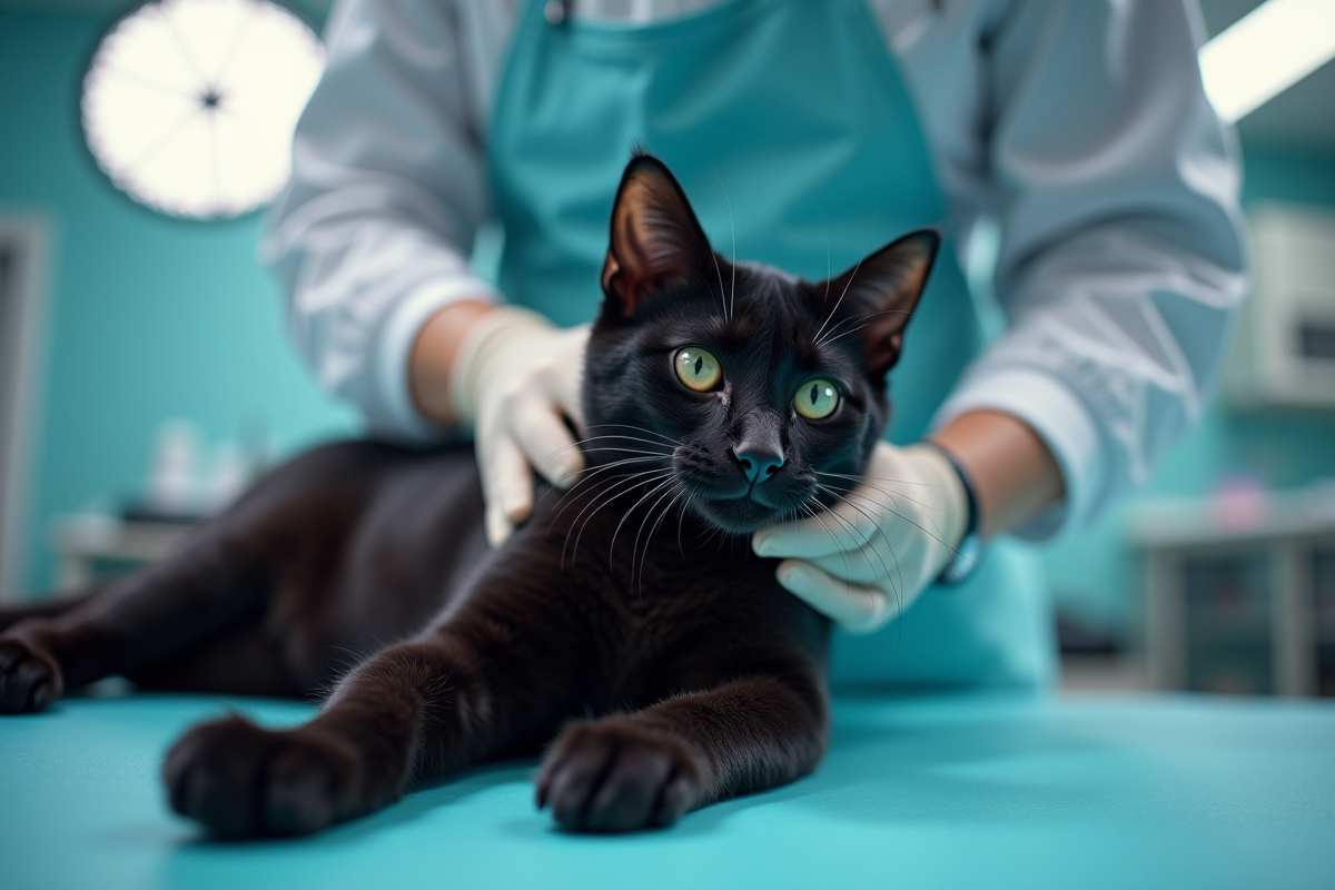 Vétérinaire examinant un chat Bengal noir en clinique