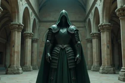 Personnage en armure médiévale vert foncé avec capuche dans une salle du trône en pierre évoquant Victor von Doom face aux Avengers
