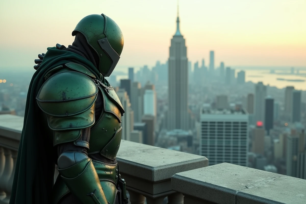Silhouette de personnage en armure verte de dos sur un balcon dominant une ville futuriste, allégorie de Doom observant les Avengers