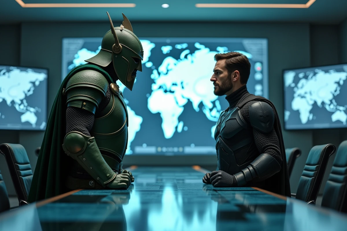 Confrontation tendue entre un personnage en armure médiévale verte et un héros en combinaison tactique dans une salle de guerre futuriste, illustrant la rivalité entre Doom et les Avengers