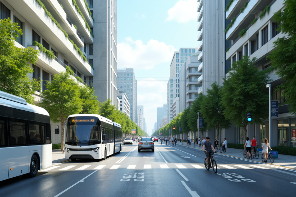Rue urbaine futuriste avec voitures électriques et vélos