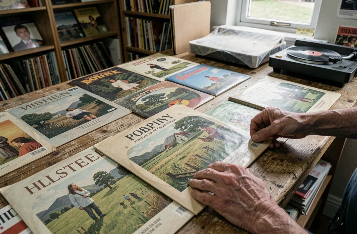 Collection de vinyles rares de chanteurs anglais méconnus des années 70 sur une table en bois dans un disquaire britannique vintage
