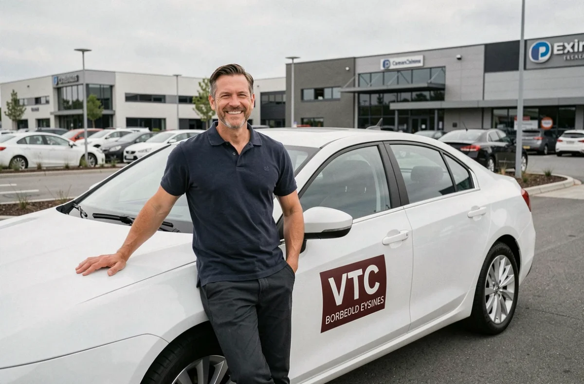 Chauffeur VTC Bordeaux Eysines appuyé sur son véhicule blanc devant un centre commercial de la commune d'Eysines en Gironde