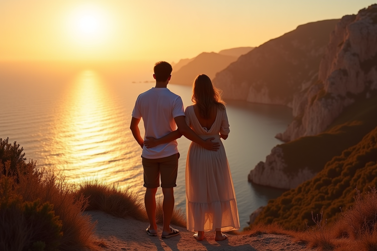 Couple regardant la mer au coucher du soleil